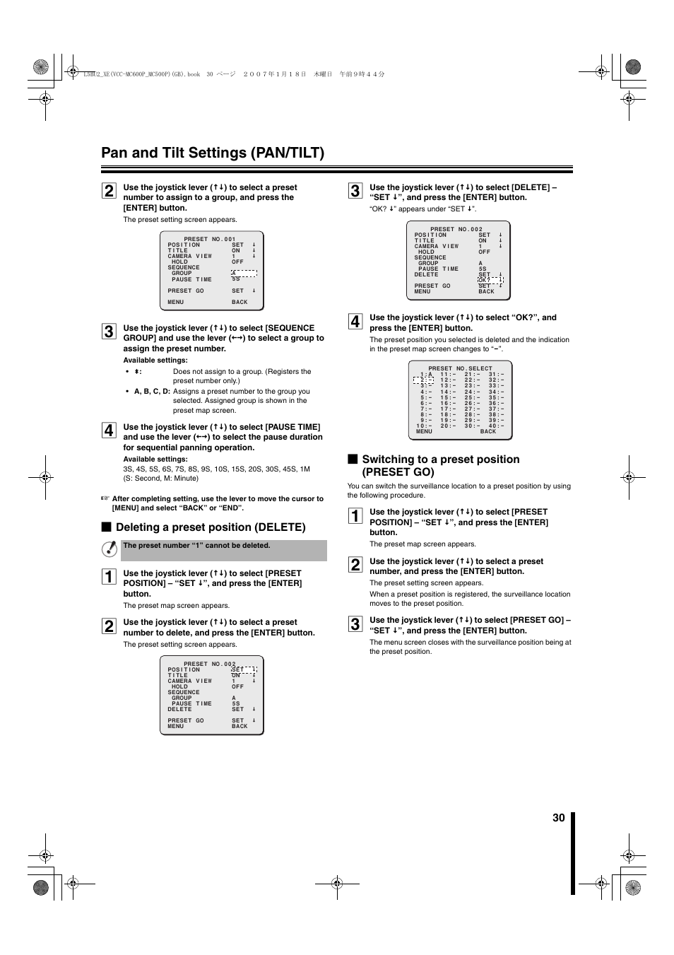 Pan and tilt settings (pan/tilt), B deleting a preset position (delete), B switching to a preset position (preset go) | Sanyo VCC-MC600P User Manual | Page 31 / 56