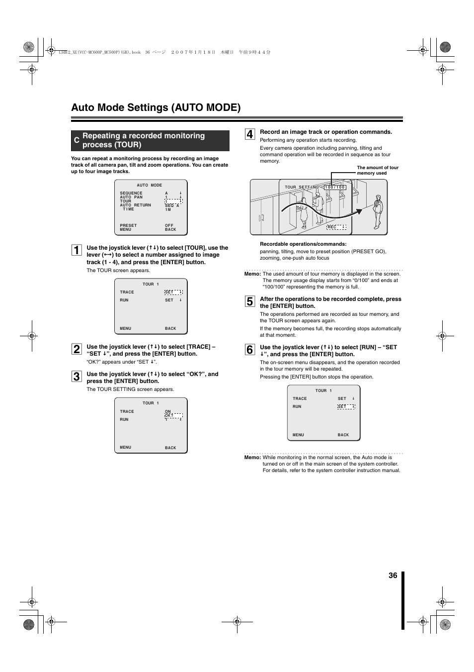 Auto mode settings (auto mode), Crepeating a recorded monitoring process (tour) | Sanyo VCC-MC600P User Manual | Page 37 / 56