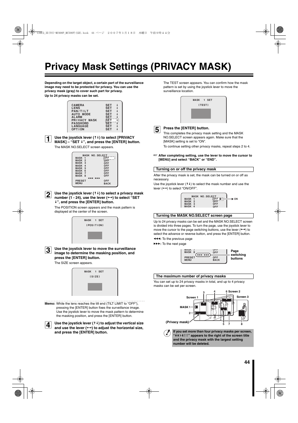 Privacy mask settings (privacy mask) | Sanyo VCC-MC600P User Manual | Page 45 / 56
