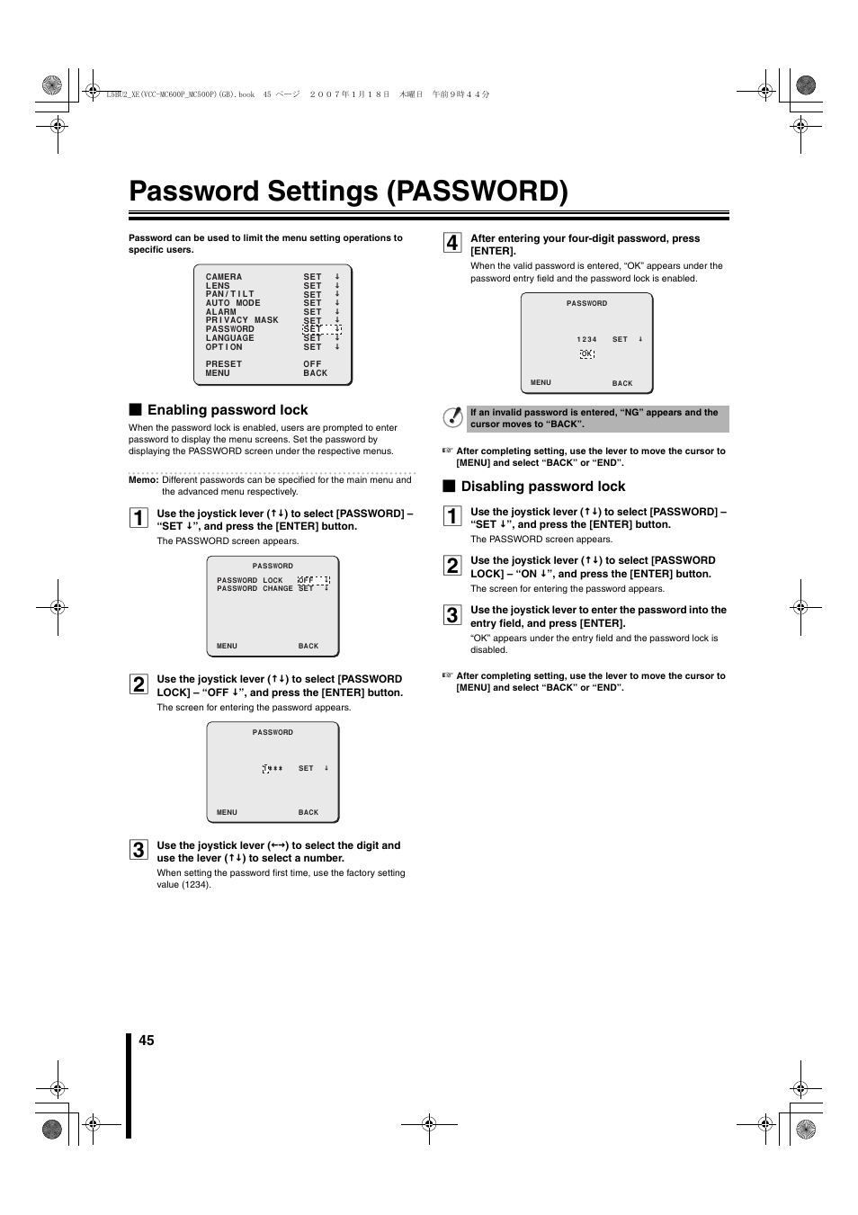 Password settings (password), B enabling password lock, B disabling password lock | Sanyo VCC-MC600P User Manual | Page 46 / 56