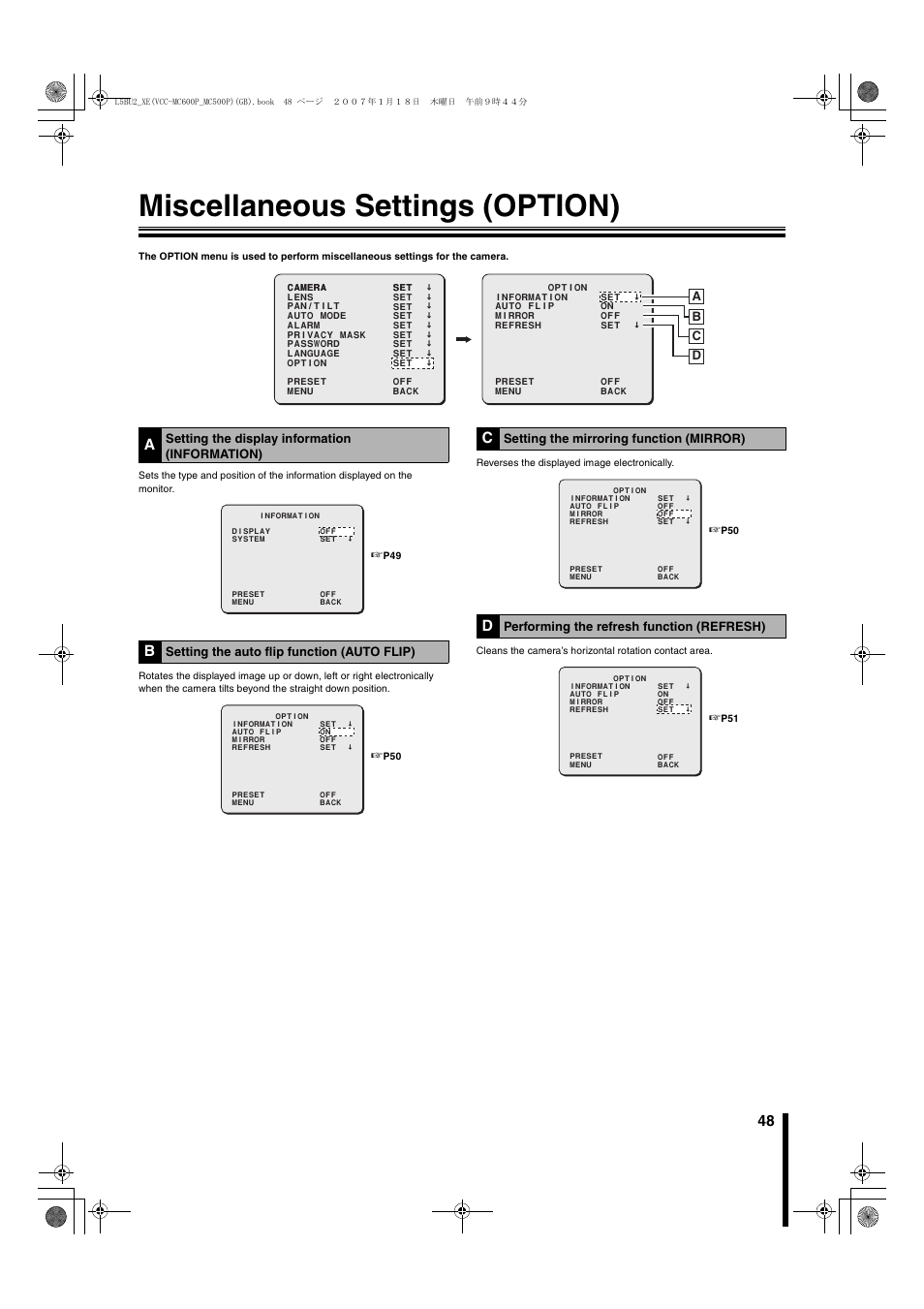 Miscellaneous settings (option), Ab d c, Setting the display information (information) | Setting the auto flip function (auto flip), Setting the mirroring function (mirror), Performing the refresh function (refresh) | Sanyo VCC-MC600P User Manual | Page 49 / 56