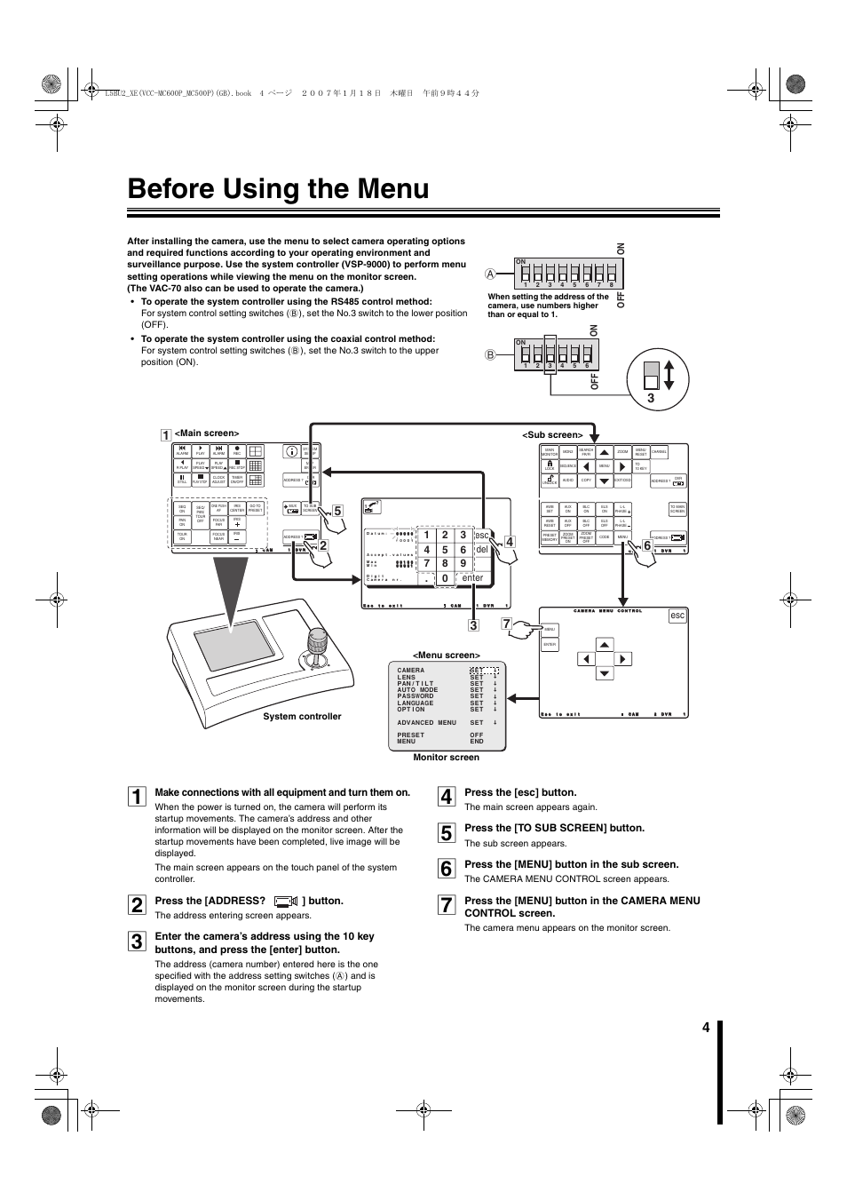 Before using the menu, Press the [address? ] button, Press the [esc] button | Press the [to sub screen] button, Press the [menu] button in the sub screen | Sanyo VCC-MC600P User Manual | Page 5 / 56