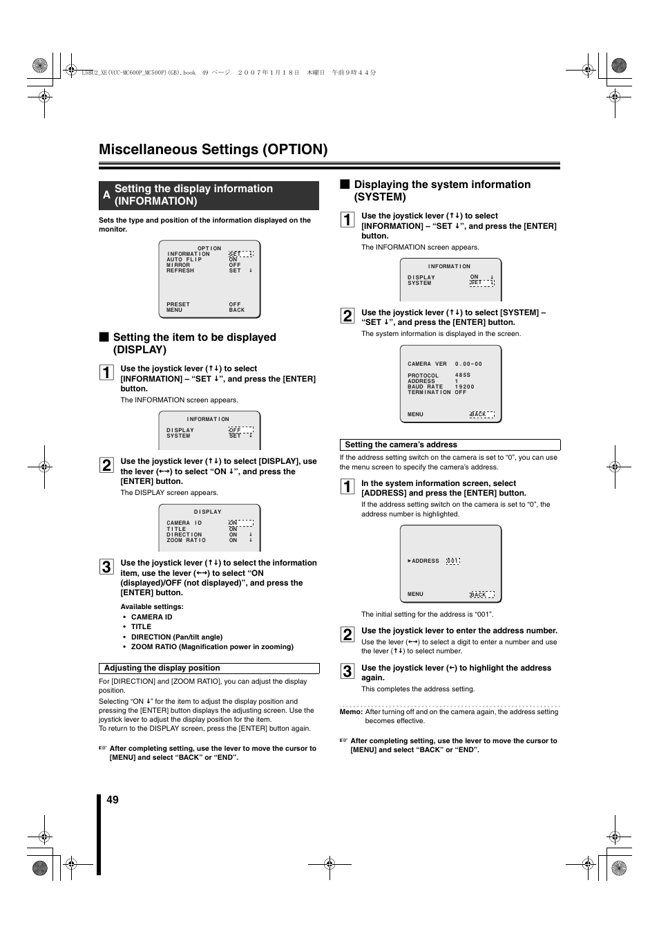 Miscellaneous settings (option), B setting the item to be displayed (display), B displaying the system information (system) | Asetting the display information (information) | Sanyo VCC-MC600P User Manual | Page 50 / 56