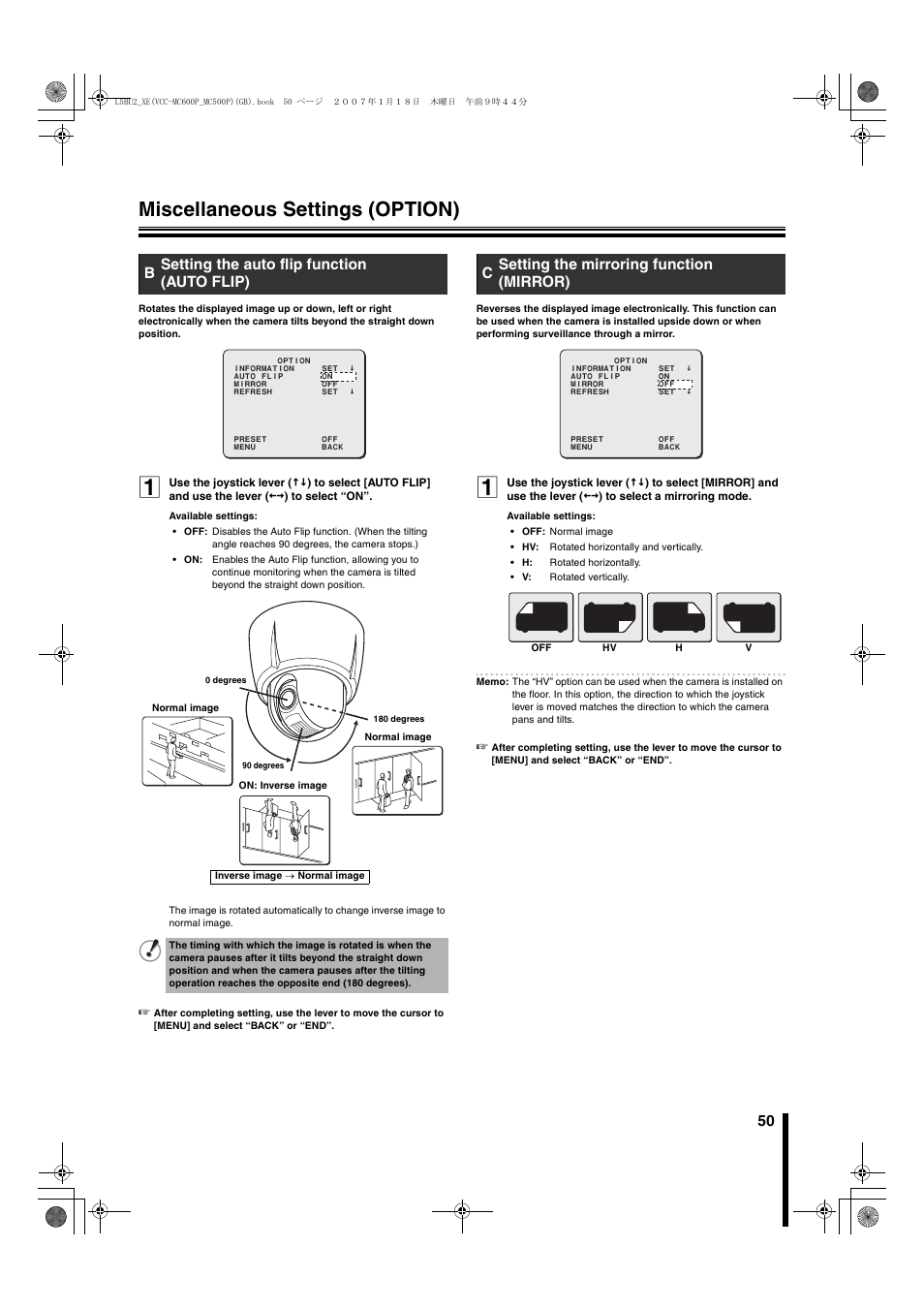 Miscellaneous settings (option), Bsetting the auto flip function (auto flip), Csetting the mirroring function (mirror) | Sanyo VCC-MC600P User Manual | Page 51 / 56