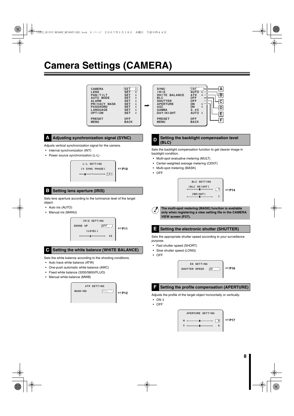 Camera settings (camera) | Sanyo VCC-MC600P User Manual | Page 9 / 56