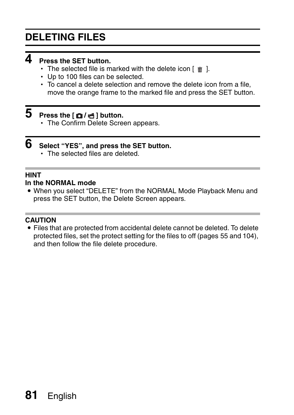 Deleting files | Sanyo XACTI HD VPC-FH1GX User Manual | Page 102 / 211