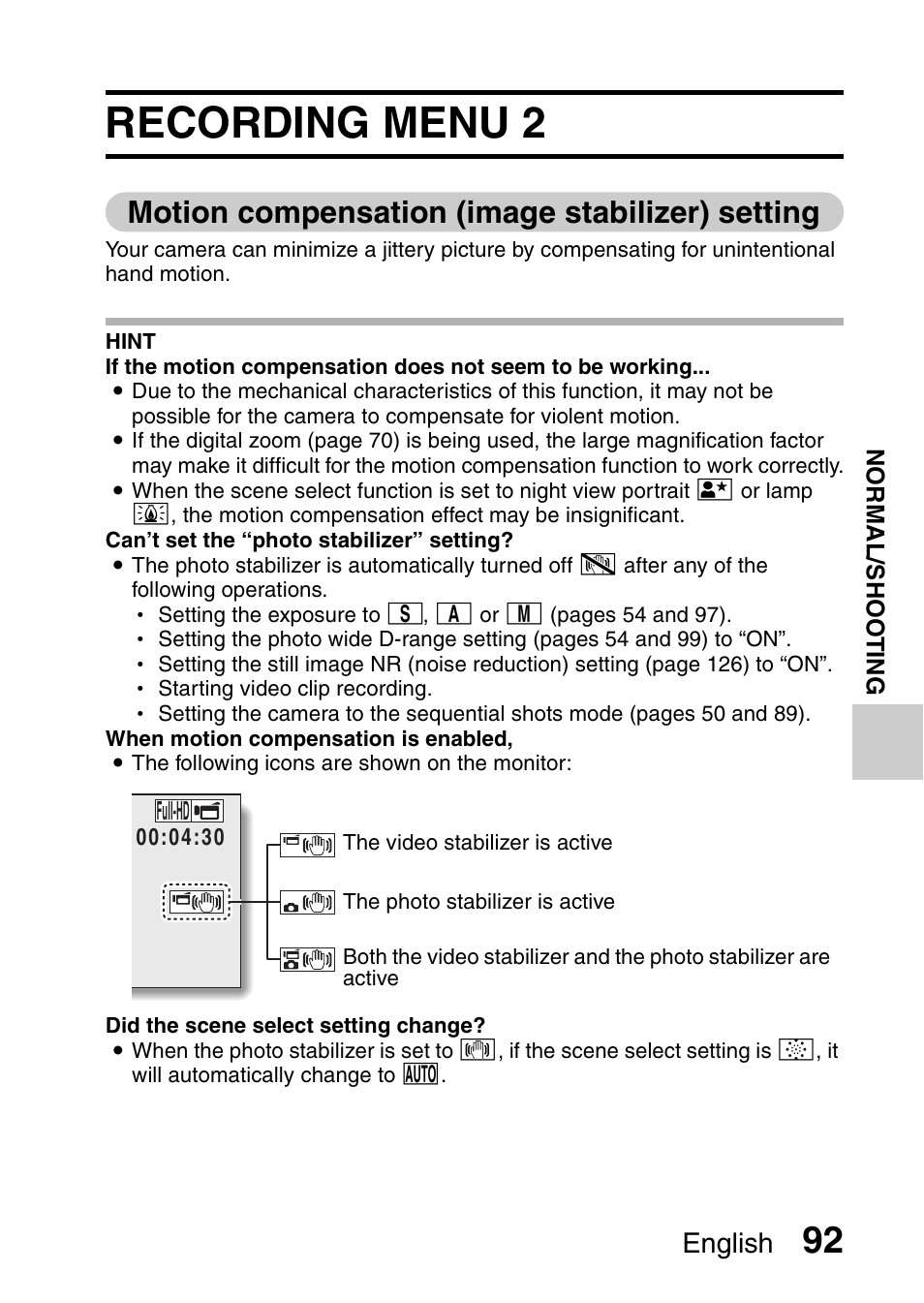 Recording menu 2, Motion compensation (image stabilizer) setting, English | Sanyo XACTI HD VPC-FH1GX User Manual | Page 113 / 211