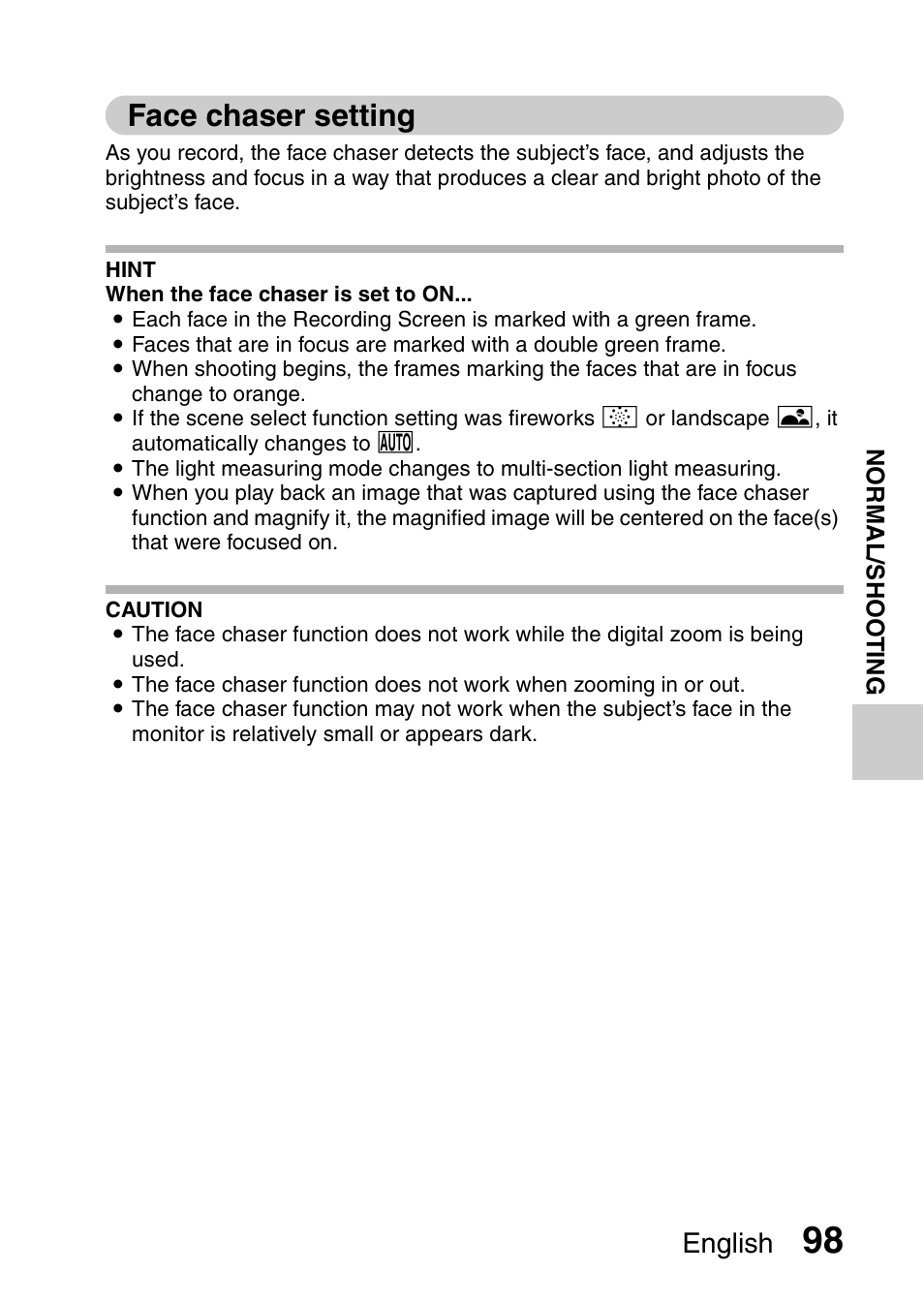 Face chaser setting, English | Sanyo XACTI HD VPC-FH1GX User Manual | Page 119 / 211