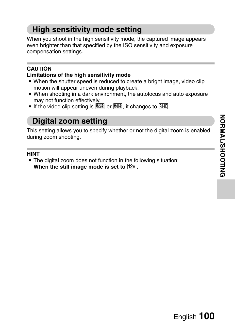 High sensitivity mode setting, Digital zoom setting, English | Sanyo XACTI HD VPC-FH1GX User Manual | Page 121 / 211