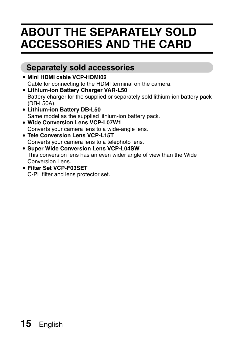 About the separately sold accessories and the card, Separately sold accessories, English | Sanyo XACTI HD VPC-FH1GX User Manual | Page 36 / 211