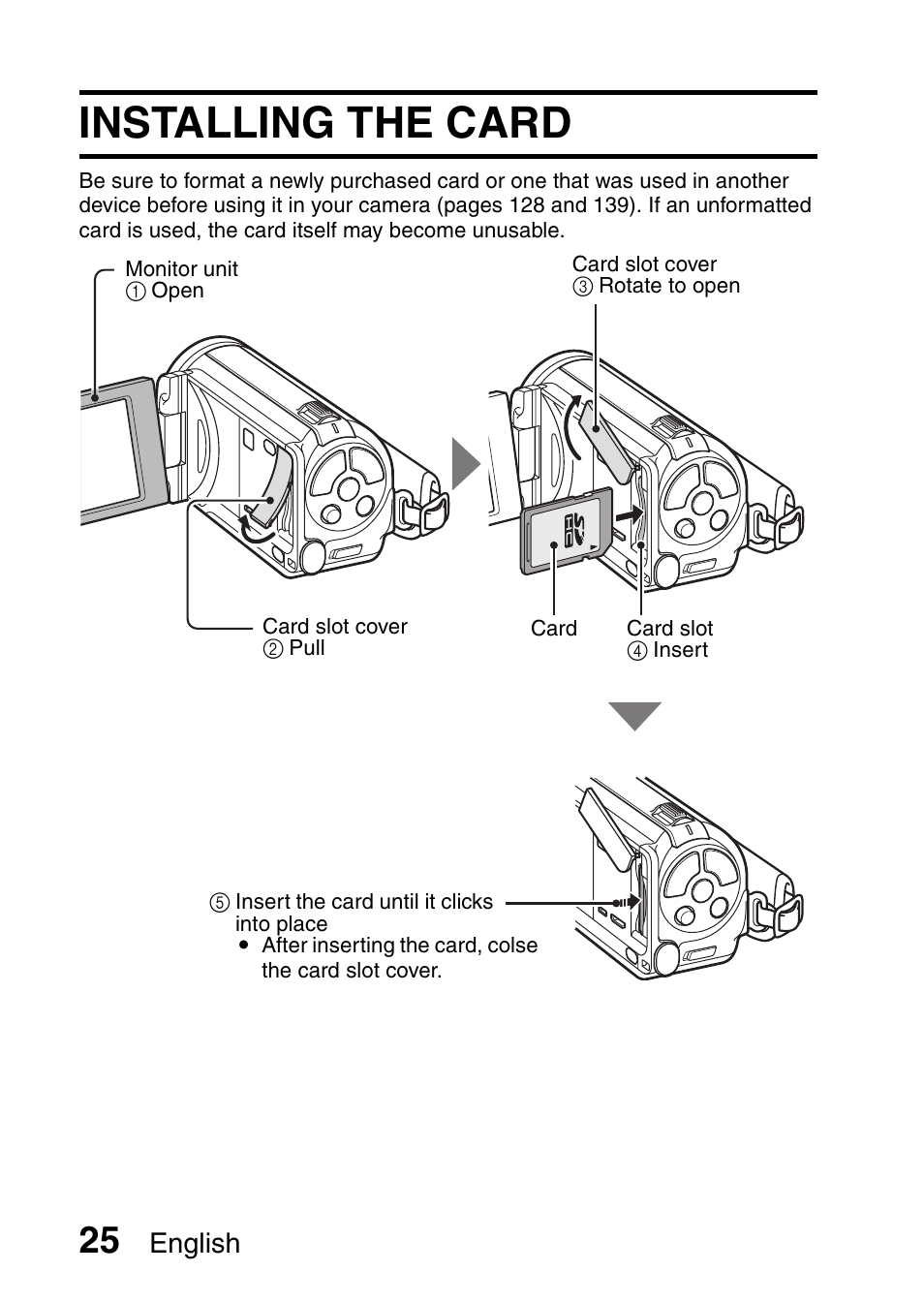 Installing the card, English | Sanyo XACTI HD VPC-FH1GX User Manual | Page 46 / 211