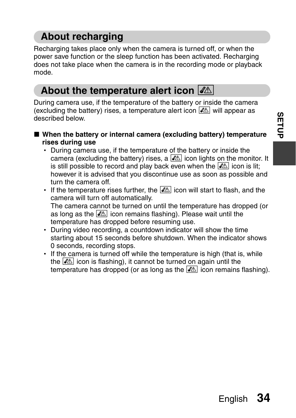 About recharging, About the temperature alert icon, English | Sanyo XACTI HD VPC-FH1GX User Manual | Page 55 / 211