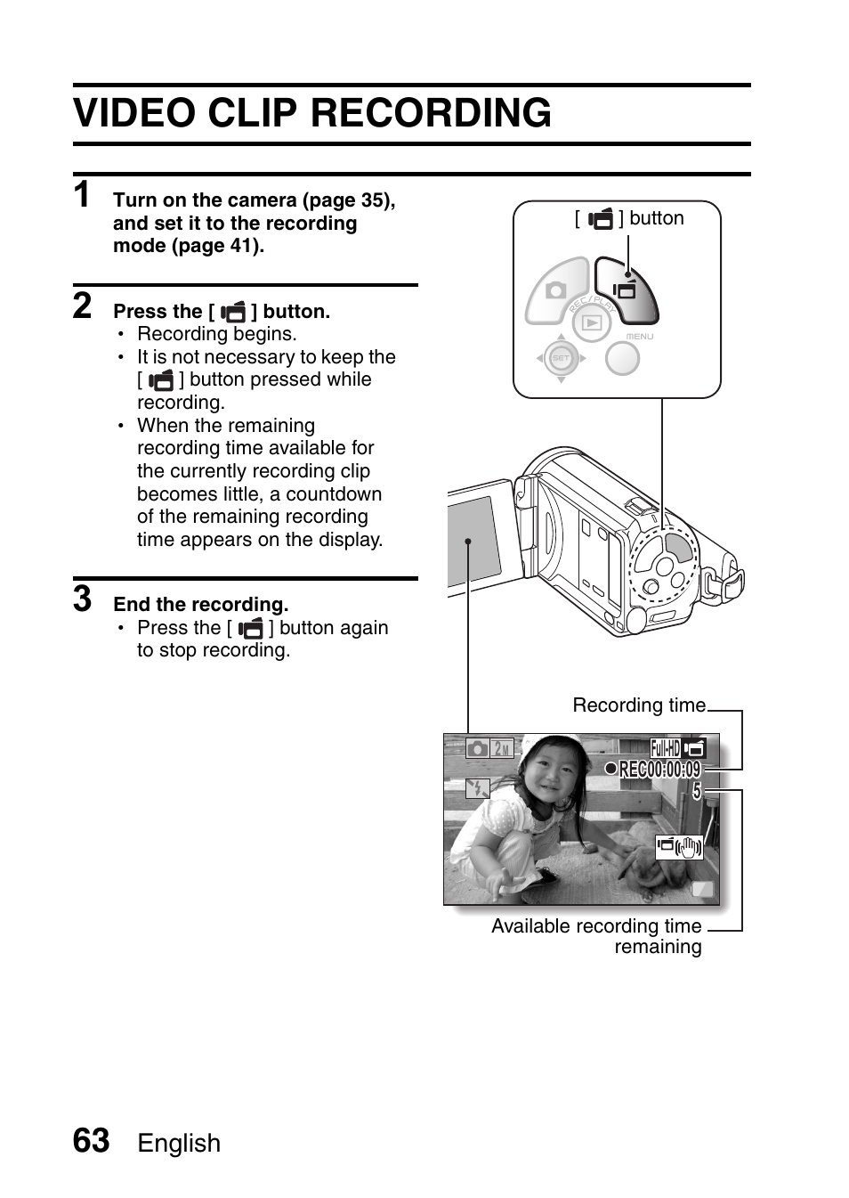 Video clip recording | Sanyo XACTI HD VPC-FH1GX User Manual | Page 84 / 211