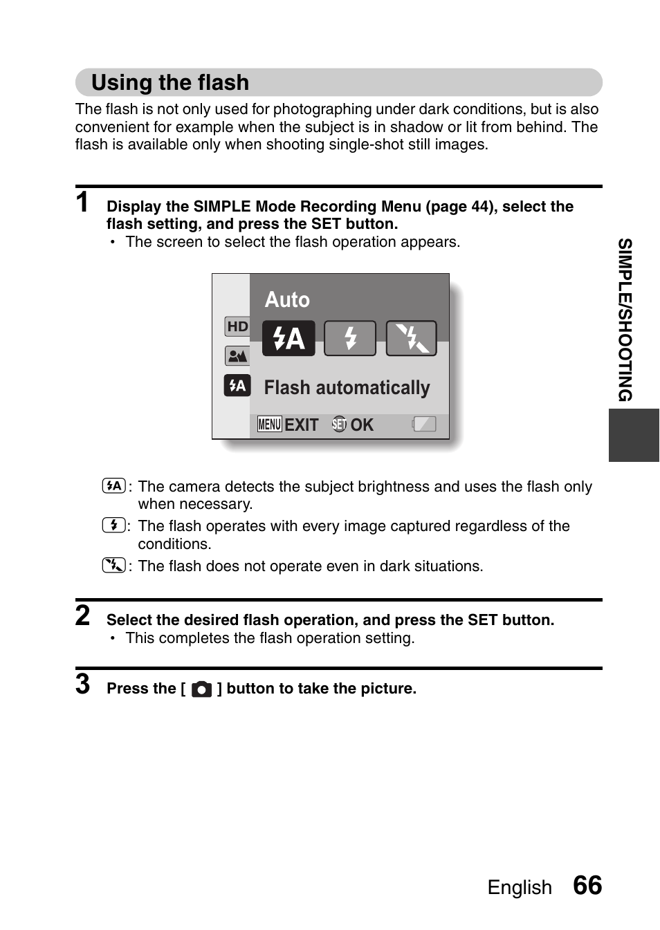 Auto, Using the flash | Sanyo XACTI HD VPC-FH1GX User Manual | Page 87 / 211