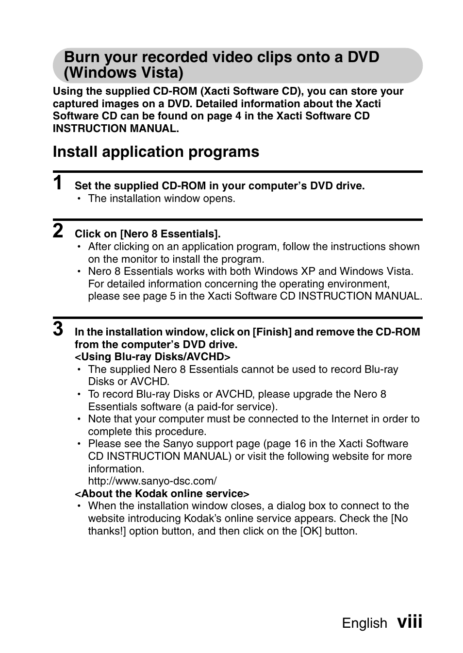 Viii, Install application programs | Sanyo XACTI HD VPC-FH1GX User Manual | Page 9 / 211