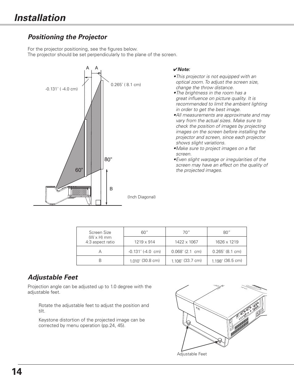 Installation, Positioning the projector, Adjustable feet | Installation 14 | Sanyo PJLINK PLC-XL51 User Manual | Page 14 / 77