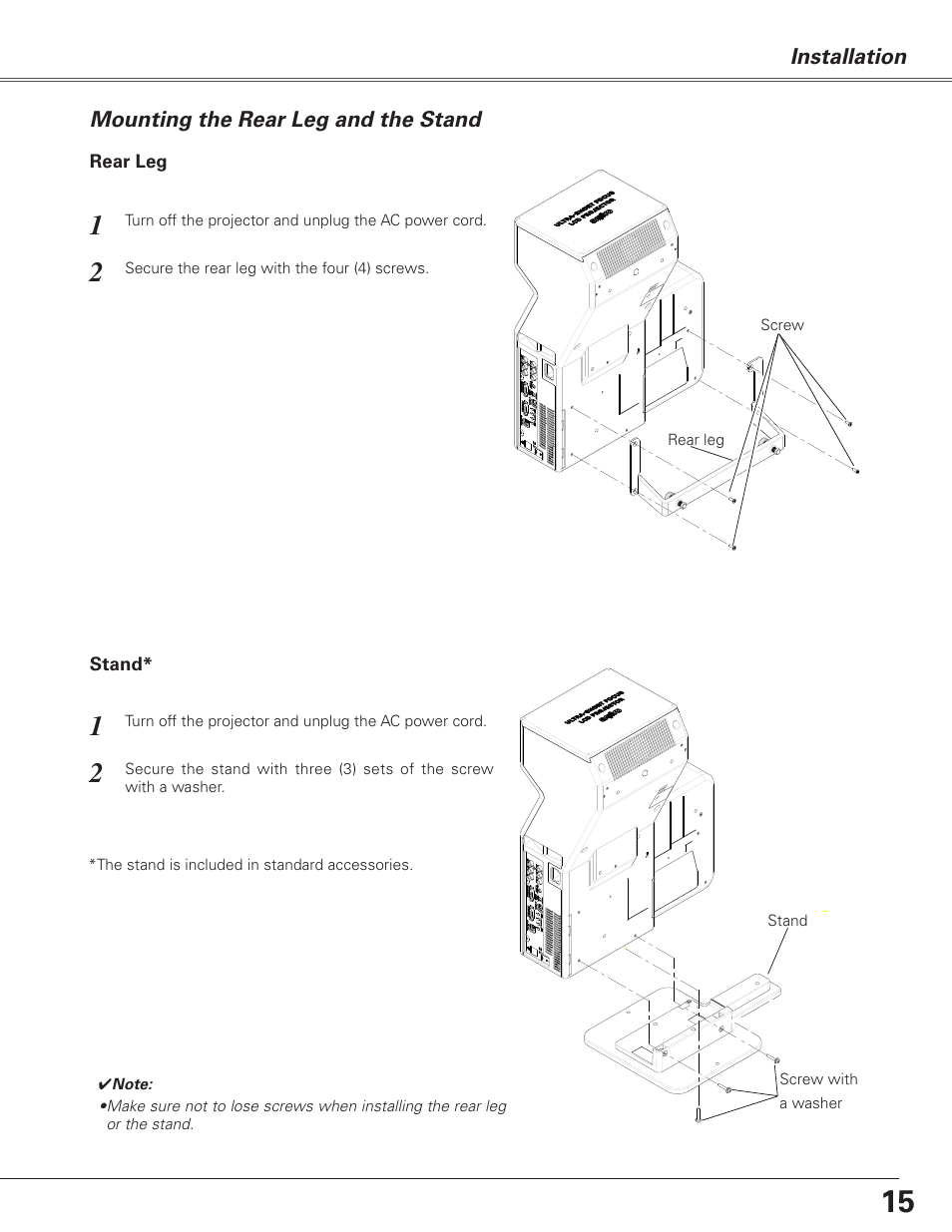 Mounting the rear leg and the stand | Sanyo PJLINK PLC-XL51 User Manual | Page 15 / 77