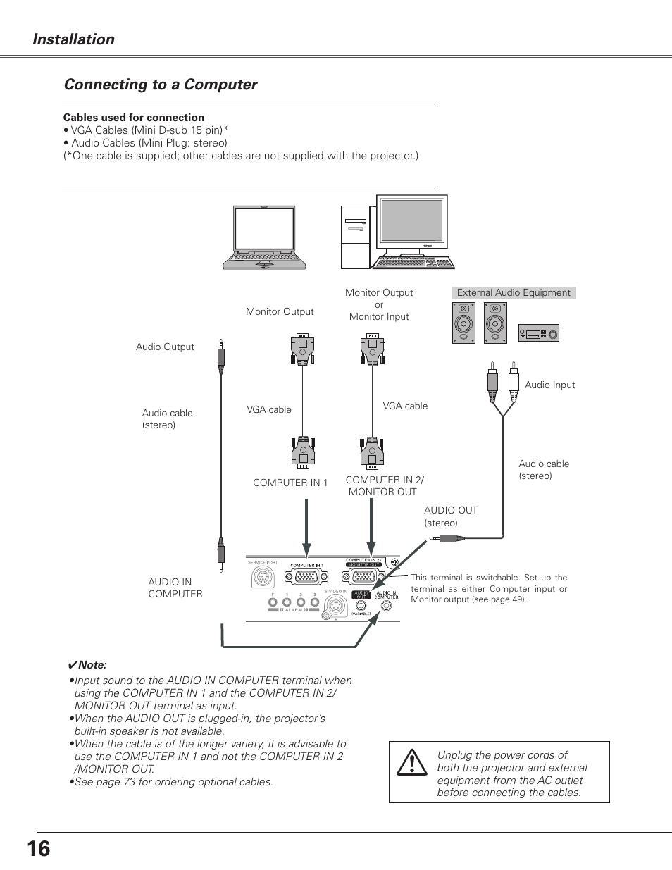 Connecting to a computer, Installation connecting to a computer | Sanyo PJLINK PLC-XL51 User Manual | Page 16 / 77