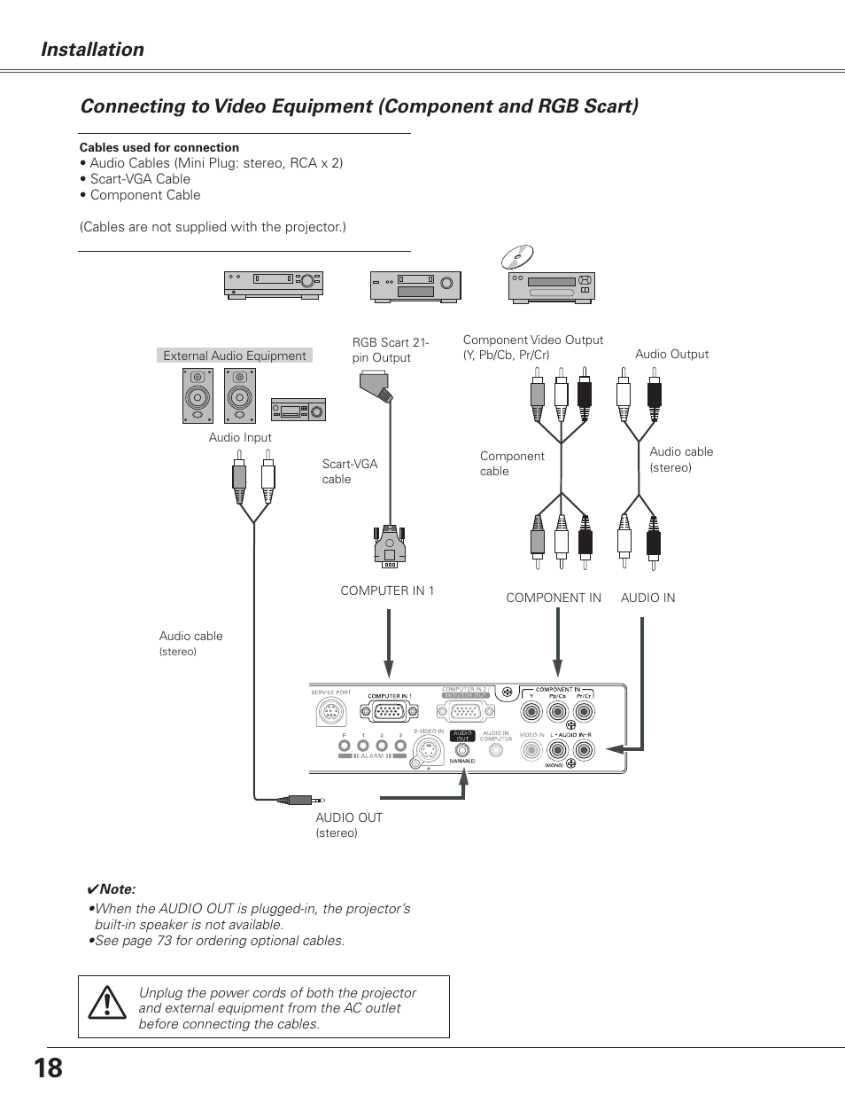 Connecting to video equipment, Component and rgb scart) | Sanyo PJLINK PLC-XL51 User Manual | Page 18 / 77