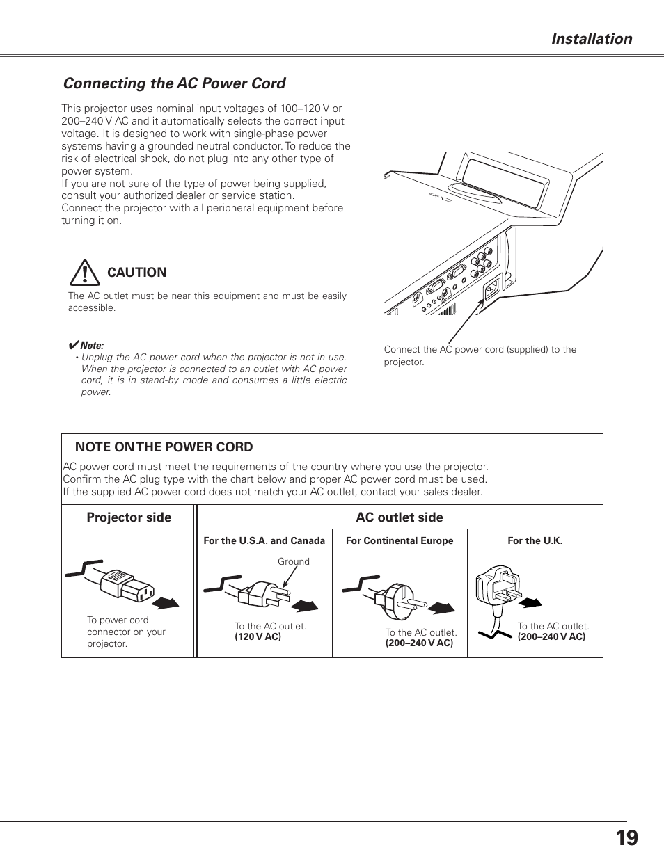 Connecting the ac power cord, Installation | Sanyo PJLINK PLC-XL51 User Manual | Page 19 / 77