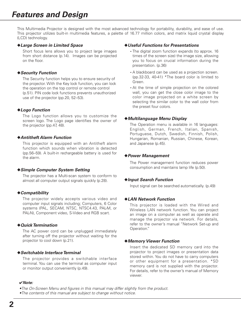 Features and design, 2features and design | Sanyo PJLINK PLC-XL51 User Manual | Page 2 / 77