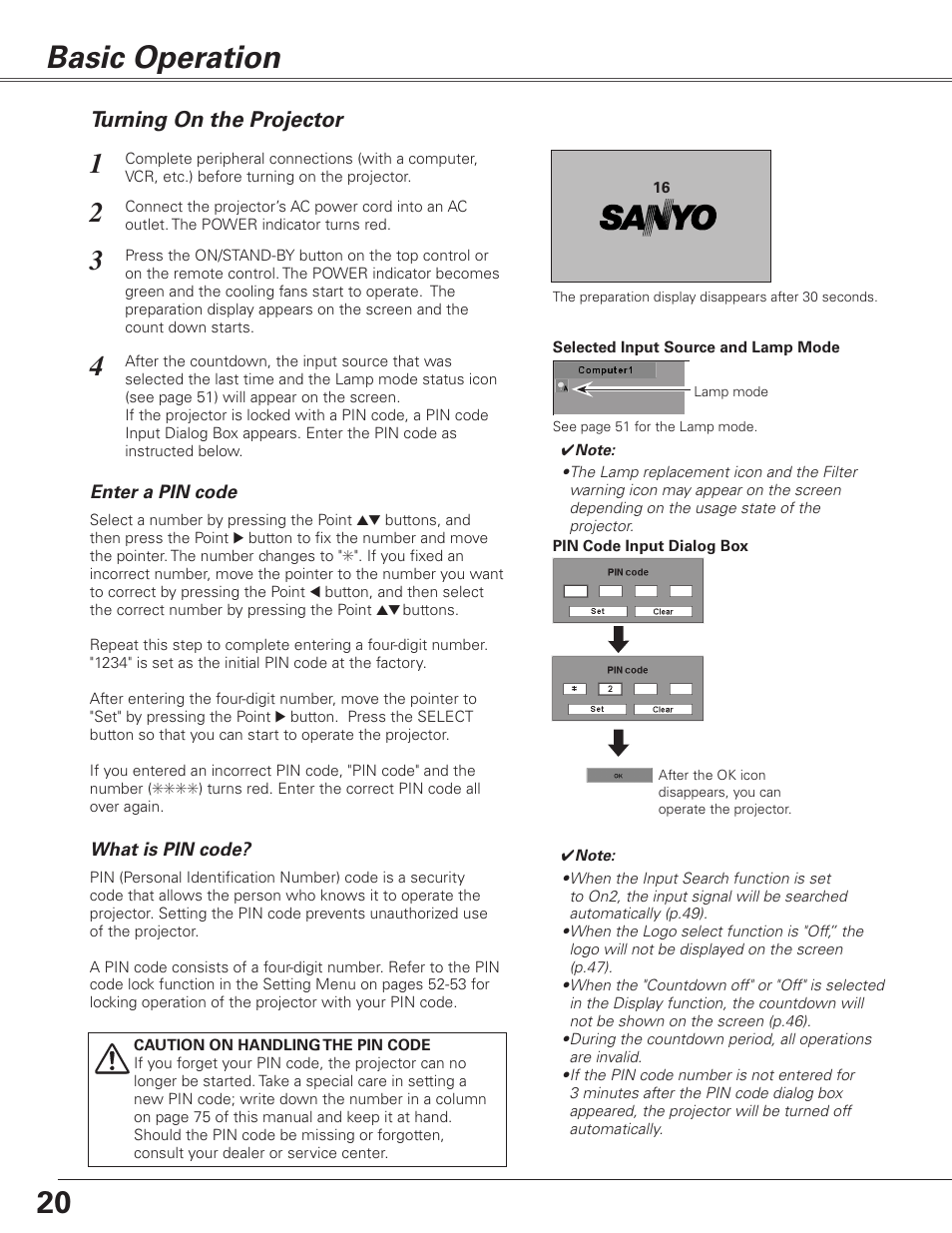 Basic operation, Turning on the projector | Sanyo PJLINK PLC-XL51 User Manual | Page 20 / 77