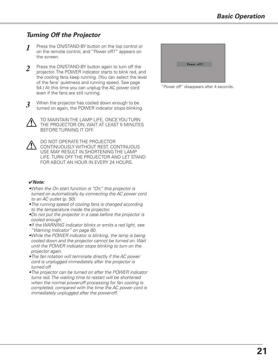 Turning off the projector, Basic operation | Sanyo PJLINK PLC-XL51 User Manual | Page 21 / 77