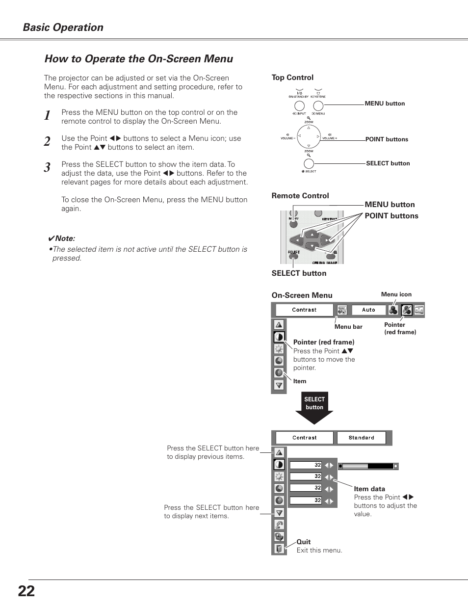 How to operate the on-screen menu, Basic operation | Sanyo PJLINK PLC-XL51 User Manual | Page 22 / 77