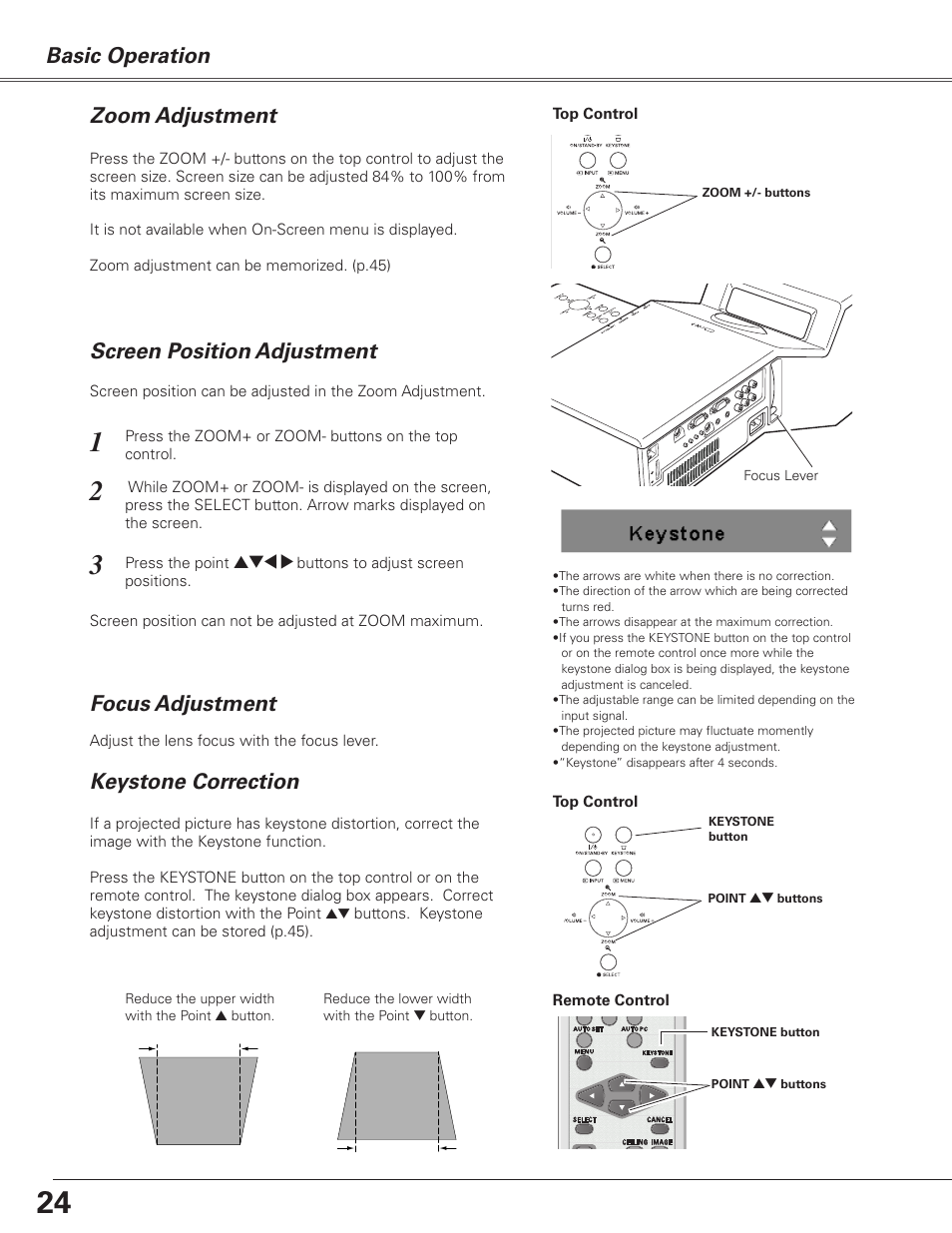 Zoom adjustment, Screen position adjustment, Focus adjustment | Keystone correction, Basic operation | Sanyo PJLINK PLC-XL51 User Manual | Page 24 / 77