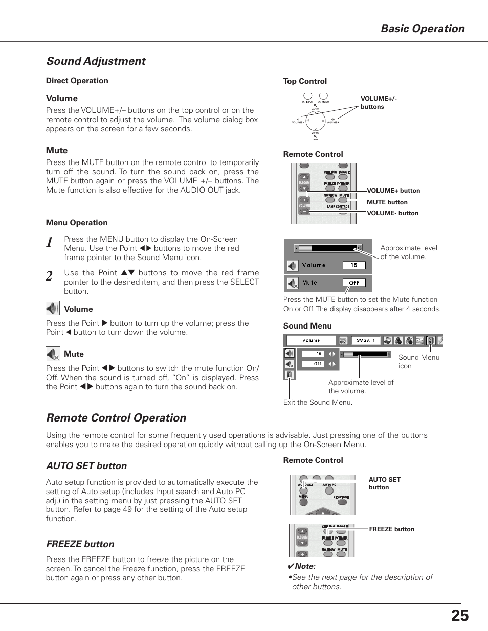 Sound adjustment, Remote control operation, Basic operation remote control operation | Sanyo PJLINK PLC-XL51 User Manual | Page 25 / 77