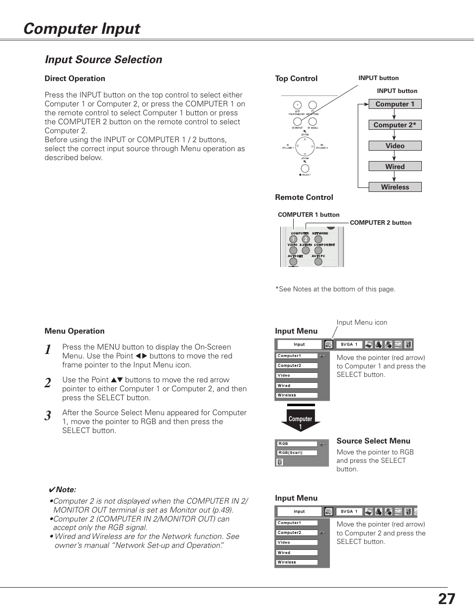 Computer input, Input source selection | Sanyo PJLINK PLC-XL51 User Manual | Page 27 / 77