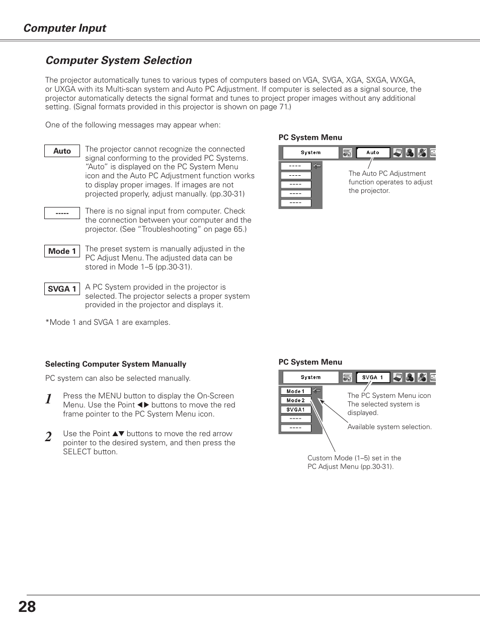 Computer system selection, Computer input | Sanyo PJLINK PLC-XL51 User Manual | Page 28 / 77