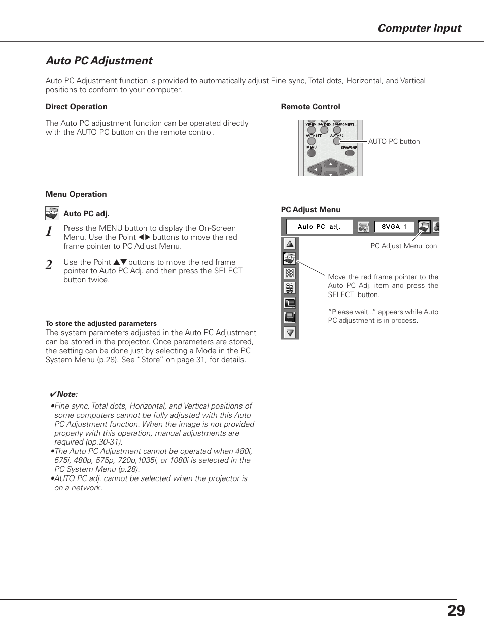 Auto pc adjustment, Computer input | Sanyo PJLINK PLC-XL51 User Manual | Page 29 / 77