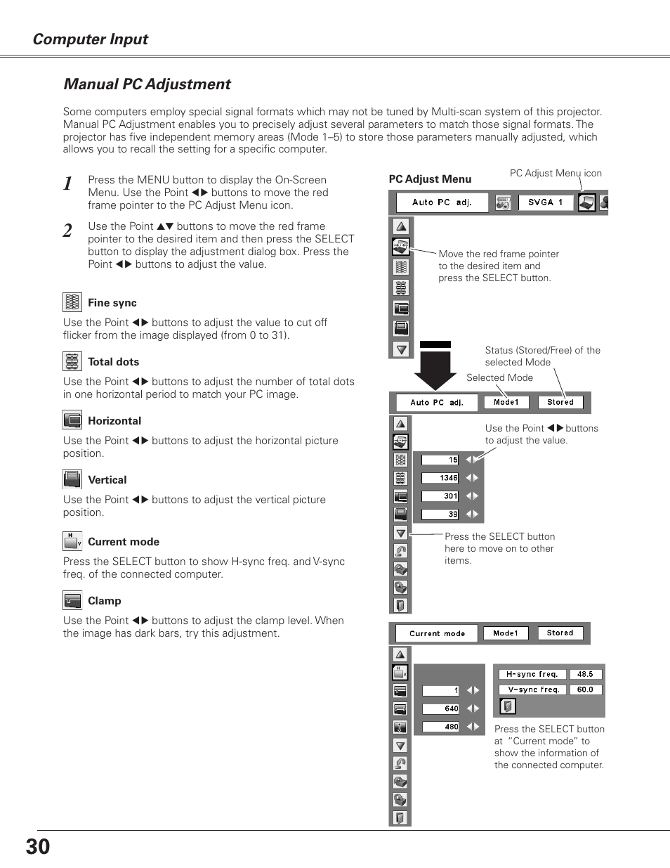 Manual pc adjustment, Computer input | Sanyo PJLINK PLC-XL51 User Manual | Page 30 / 77