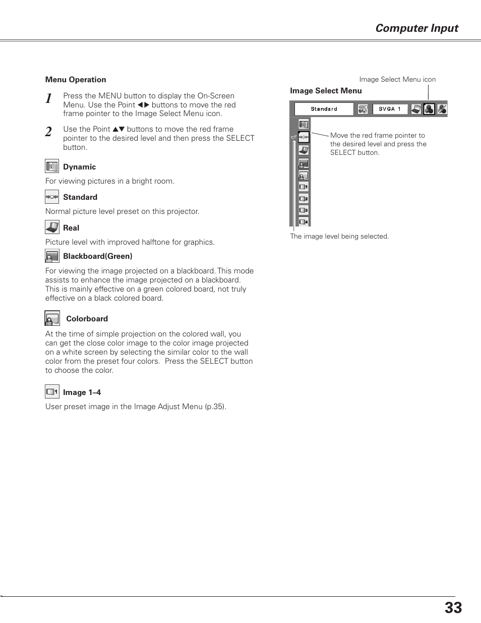 Computer input | Sanyo PJLINK PLC-XL51 User Manual | Page 33 / 77