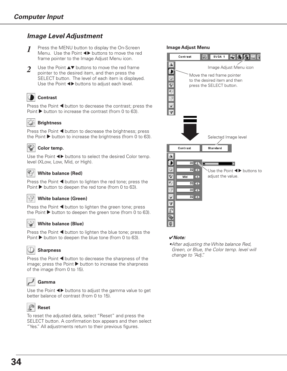 Image level adjustment, Computer input | Sanyo PJLINK PLC-XL51 User Manual | Page 34 / 77