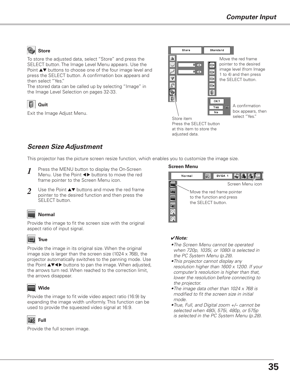 Screen size adjustment, Computer input | Sanyo PJLINK PLC-XL51 User Manual | Page 35 / 77