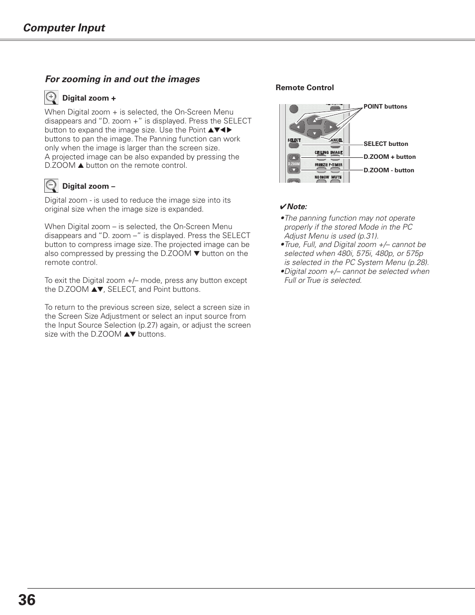 Computer input | Sanyo PJLINK PLC-XL51 User Manual | Page 36 / 77