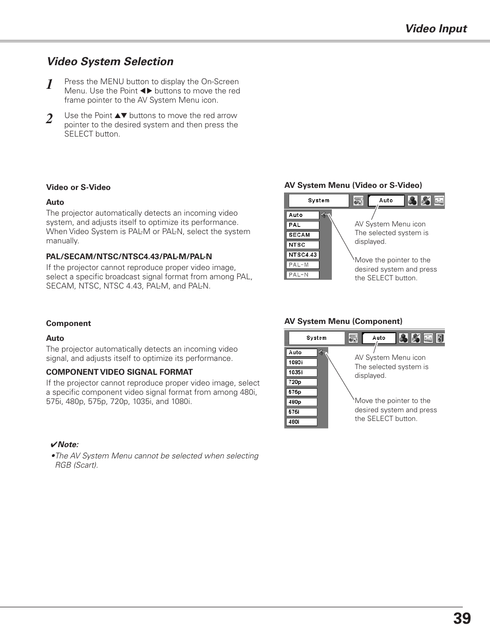 Video system selection, Video input | Sanyo PJLINK PLC-XL51 User Manual | Page 39 / 77