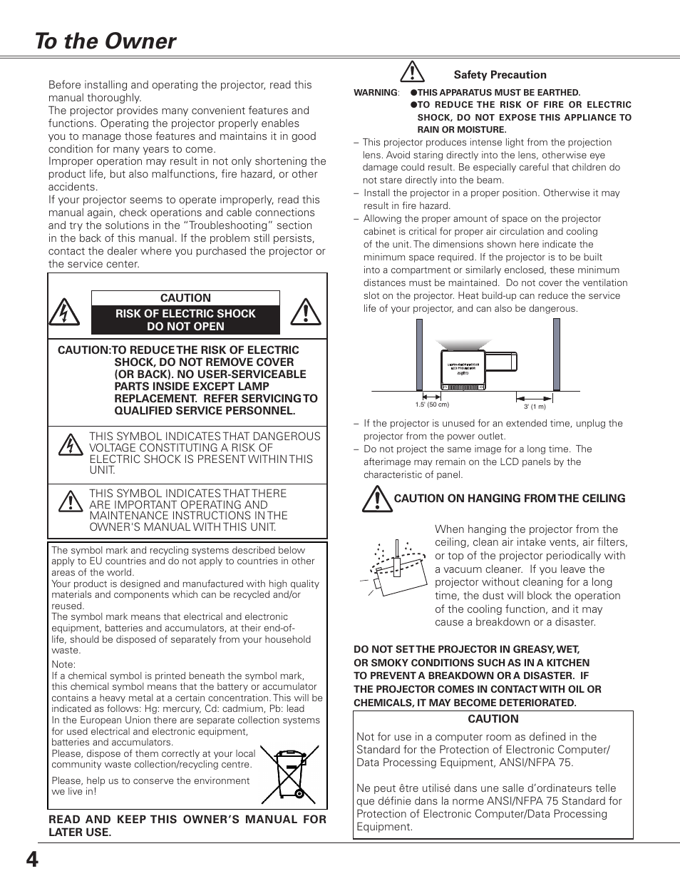 To the owner, 4to the owner | Sanyo PJLINK PLC-XL51 User Manual | Page 4 / 77