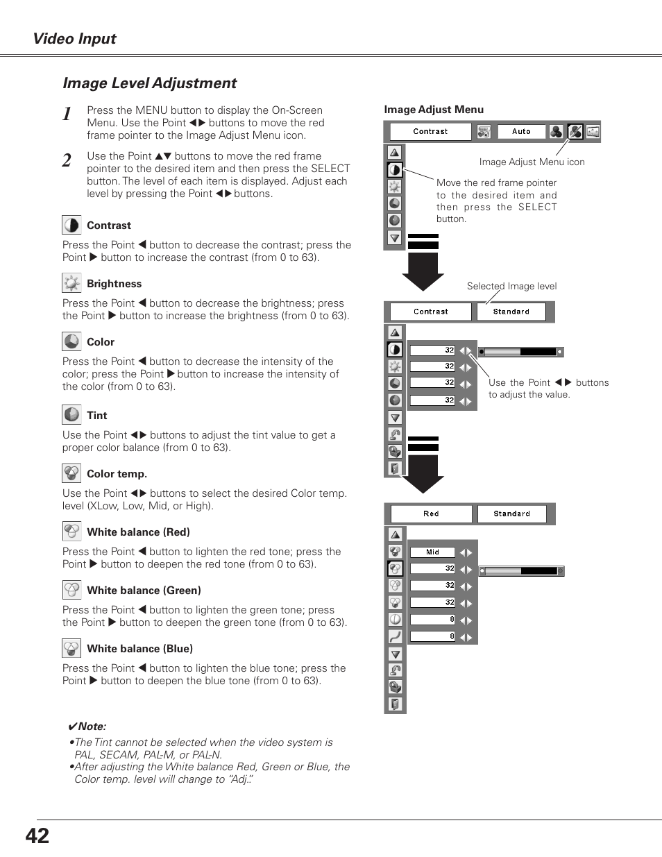 Image level adjustment, Video input | Sanyo PJLINK PLC-XL51 User Manual | Page 42 / 77