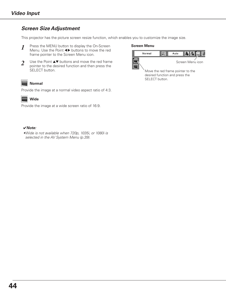 Screen size adjustment, Video input | Sanyo PJLINK PLC-XL51 User Manual | Page 44 / 77