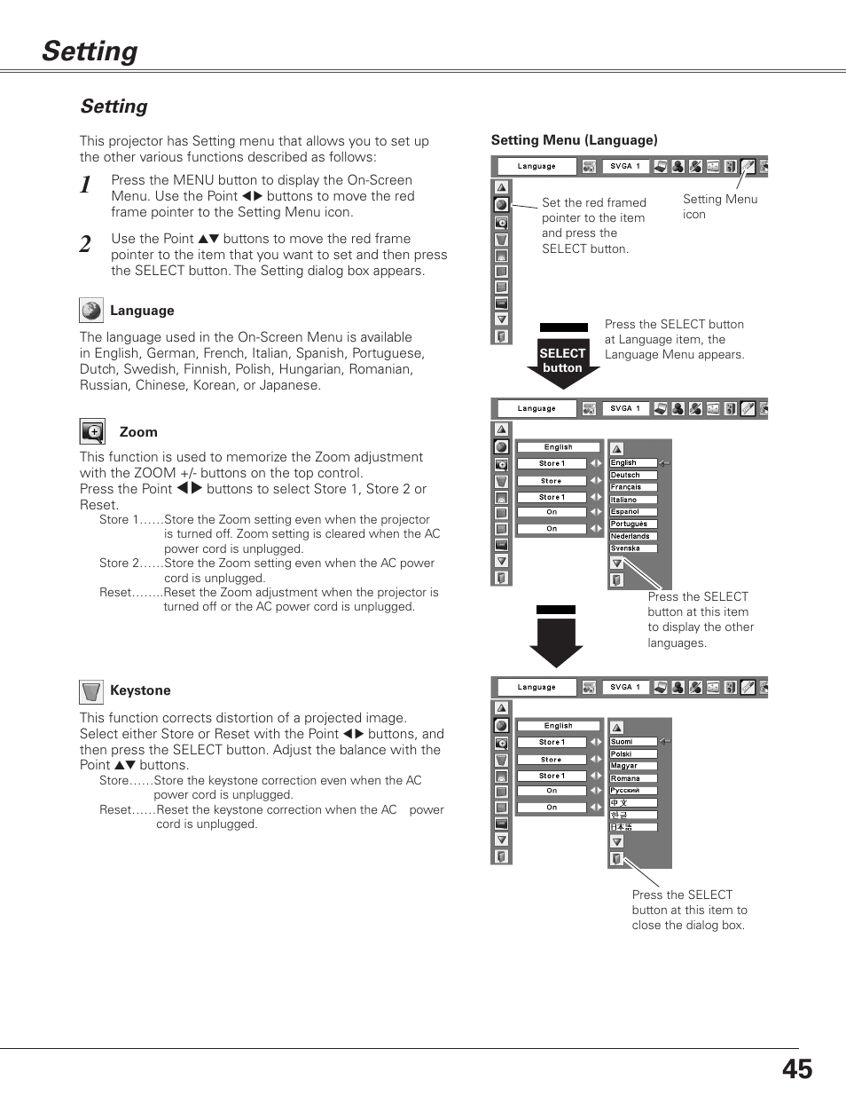 Setting | Sanyo PJLINK PLC-XL51 User Manual | Page 45 / 77