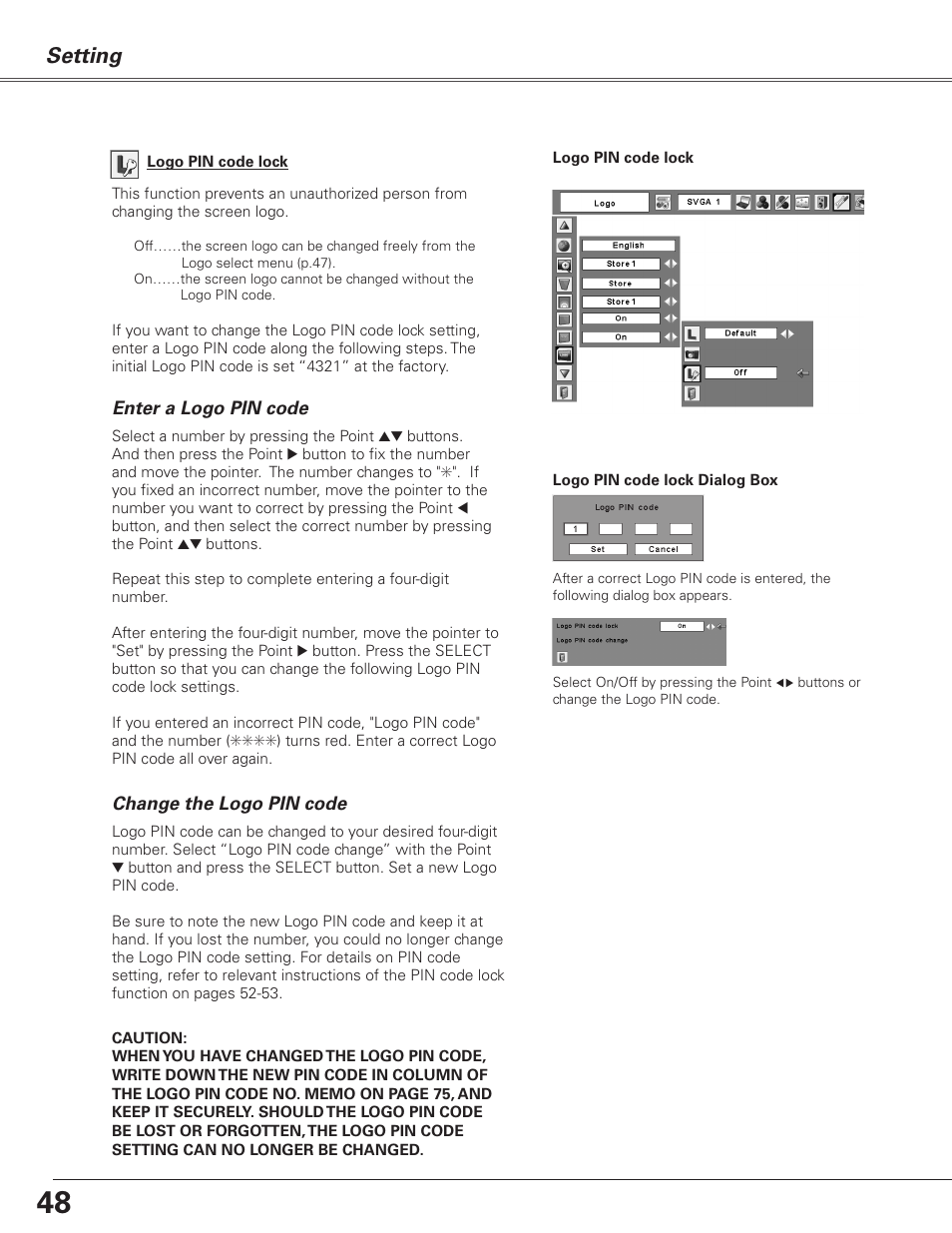 Setting | Sanyo PJLINK PLC-XL51 User Manual | Page 48 / 77