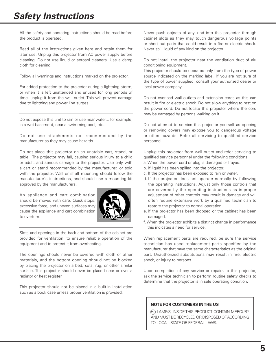 Safety instructions, 5safety instructions | Sanyo PJLINK PLC-XL51 User Manual | Page 5 / 77