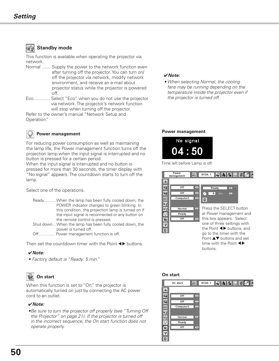 Setting | Sanyo PJLINK PLC-XL51 User Manual | Page 50 / 77