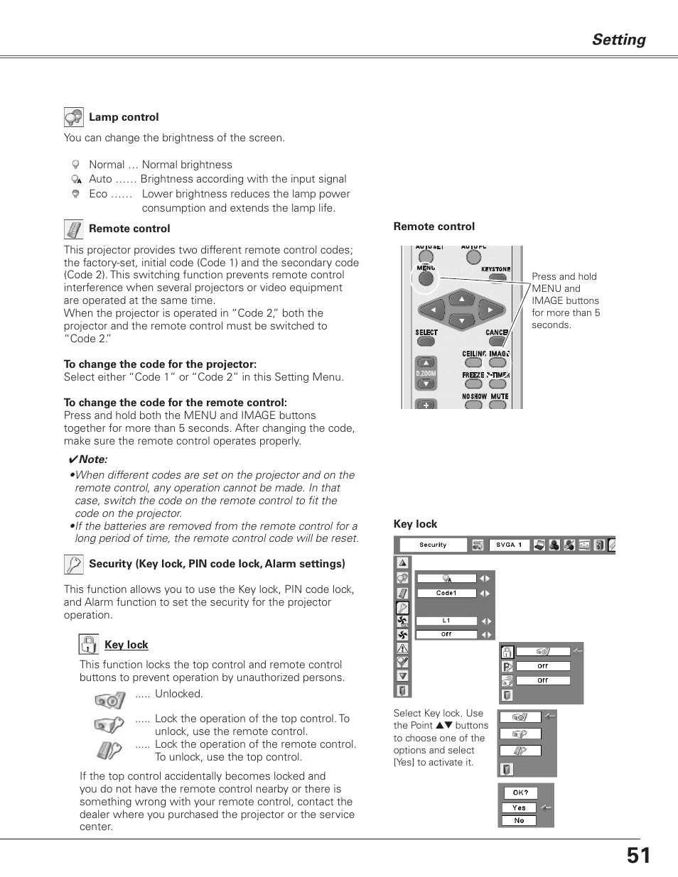 Setting | Sanyo PJLINK PLC-XL51 User Manual | Page 51 / 77