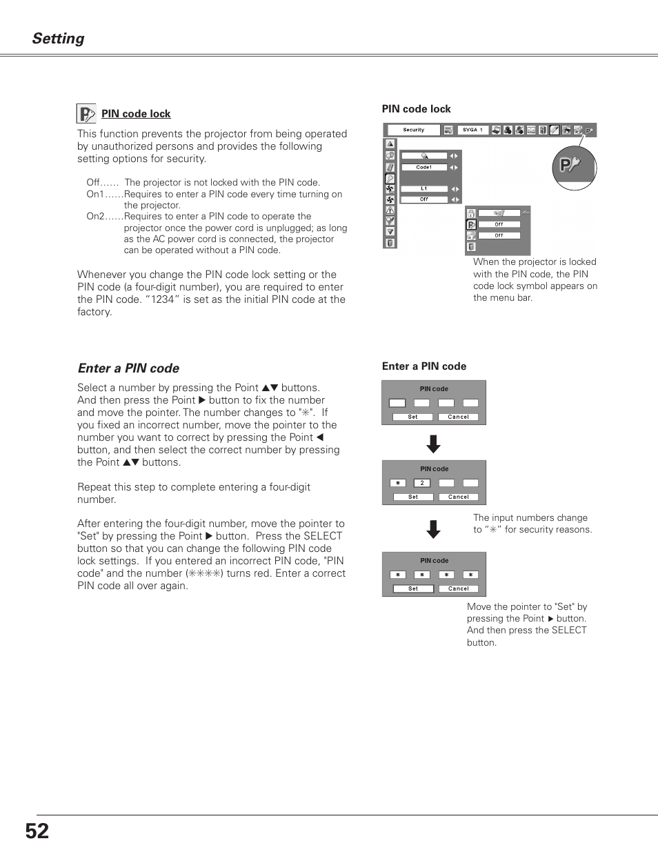 Setting | Sanyo PJLINK PLC-XL51 User Manual | Page 52 / 77