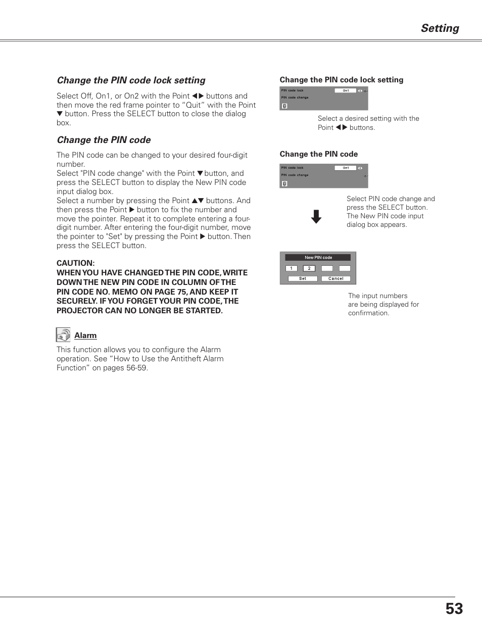 Setting | Sanyo PJLINK PLC-XL51 User Manual | Page 53 / 77