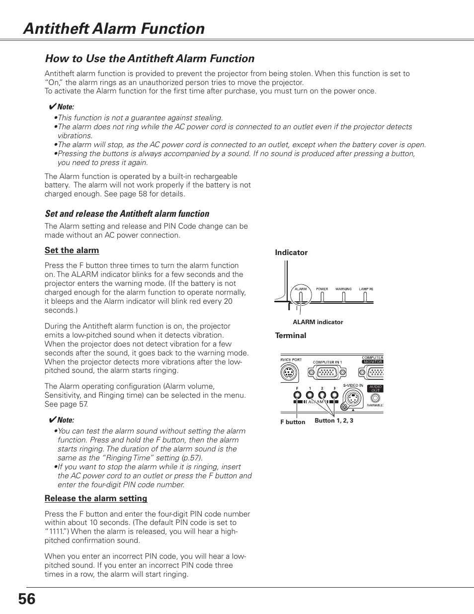 Antitheft alarm function, How to use the antitheft alarm function | Sanyo PJLINK PLC-XL51 User Manual | Page 56 / 77